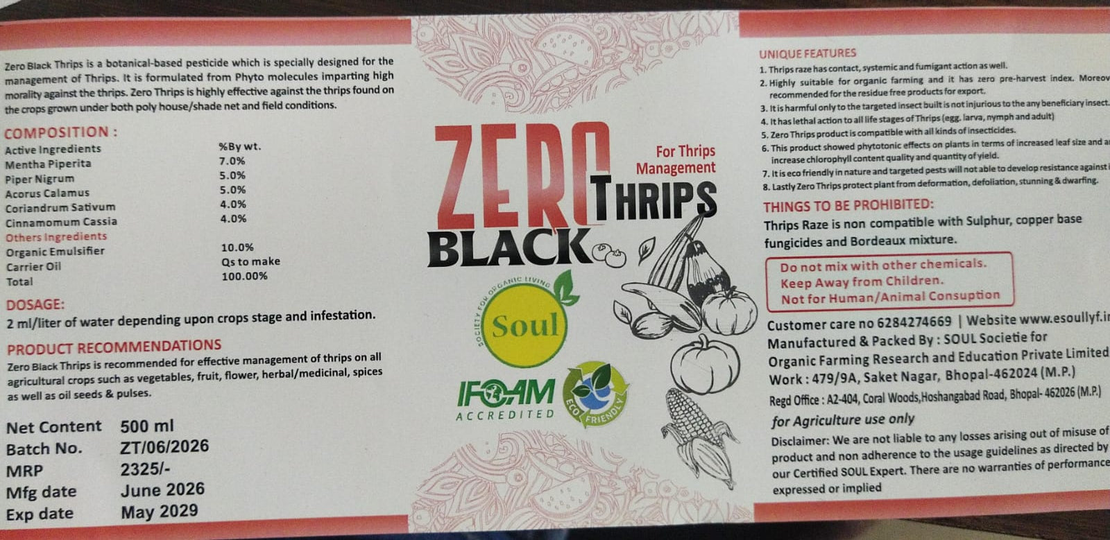 Product label for 'Zero Black Thrips' with branding and text on a white background