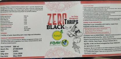 Product label for 'Zero Black Thrips' with branding and text on a white background