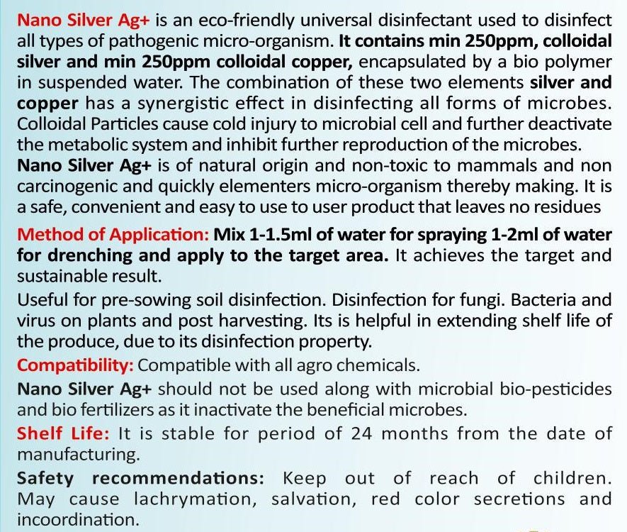 Nano Silver AG+ | Control for Bacterial and Viral Diseases (Blight, Leaf Curl, CMV) & Fungal Infections (Phytophthora, Fusarium, Root Rot) - SOUL SOCIETY FOR ORGANIC FARMING